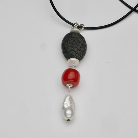 lava rock, coral & baroque pearl on leather cord #969