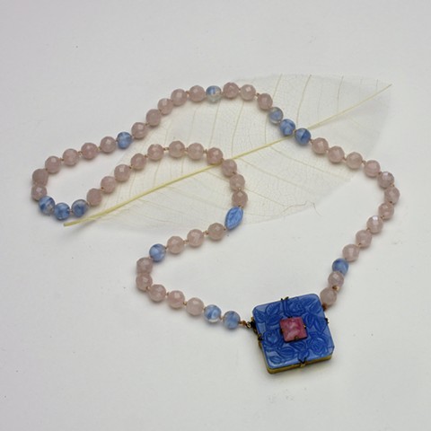 a vintage Czech pressed glass clasp doubles as a pendant in this sweet hand knotted silk necklace of faceted rose quartz beads, accented with vintage glass (18") (#262)
