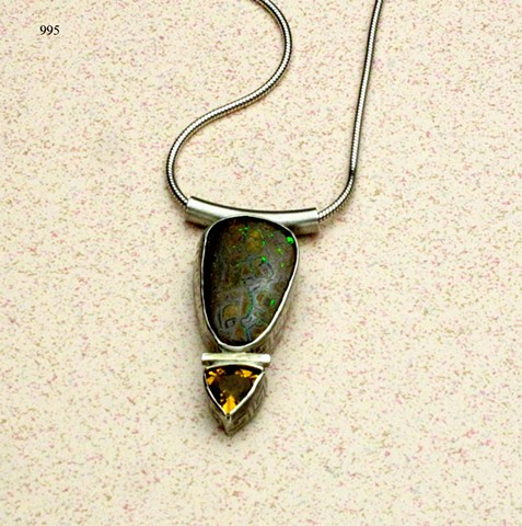 boulder opal & citrine silver pendant on 16" sterling snake chain (#995)