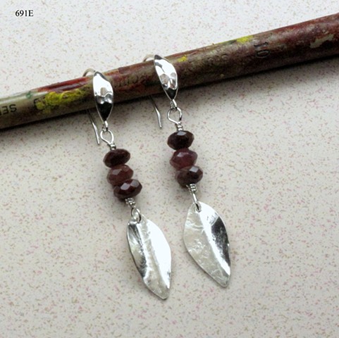 sterling dangling leaf earrings with rubies on silver leaf ear wires (#691E)