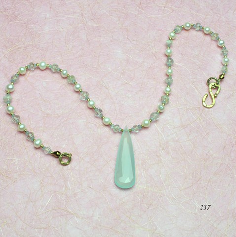 Peruvian chalcedony pendant, aquamarine faceted rondels, apatite, pearls, vermeil beads & clasp (#237)