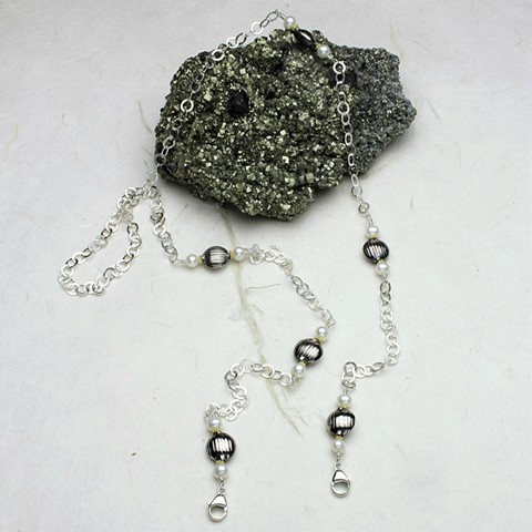  Sterling silver chain accented with textured sterling beads, pearls & vermeil Bali spacer beads, sterling lobster clasps to attach to your mask (#839M)
