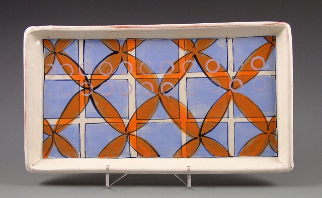 small rectangular tray, handbuilt, handpainted, earthenware, blue grid, orange flowers, lavender rings