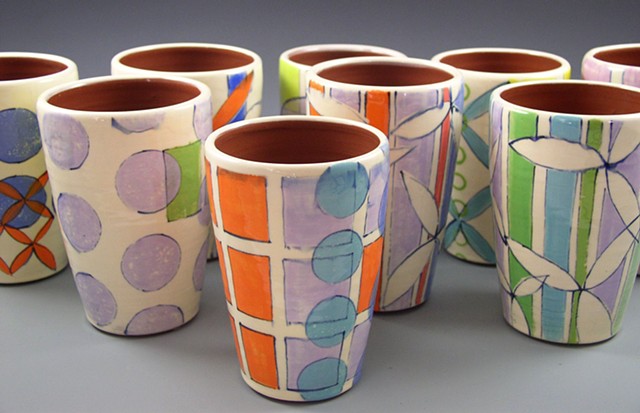 Tumblers, cups, wheel-thrown, handpainted, stripes, grids, dots, flowers, circles, green, lavender, yellow, orange