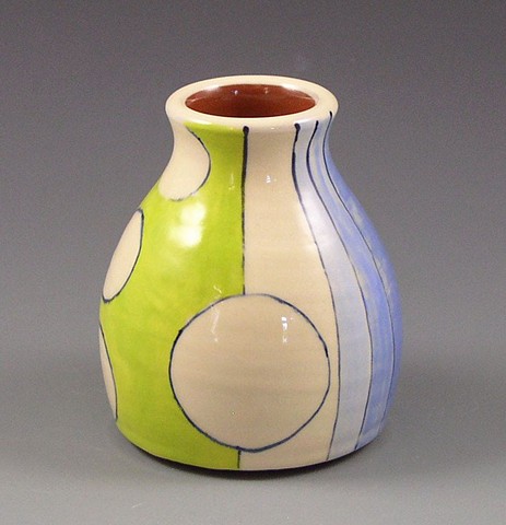 small bud vase, wheel thrown, handpainted, white circles, green stripes, blue stripes, white stripes