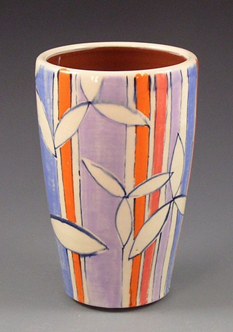 Tumbler, cup, wheel-thrown, handpainted, orange stripes, lavender stripes, red stripes, white flowers