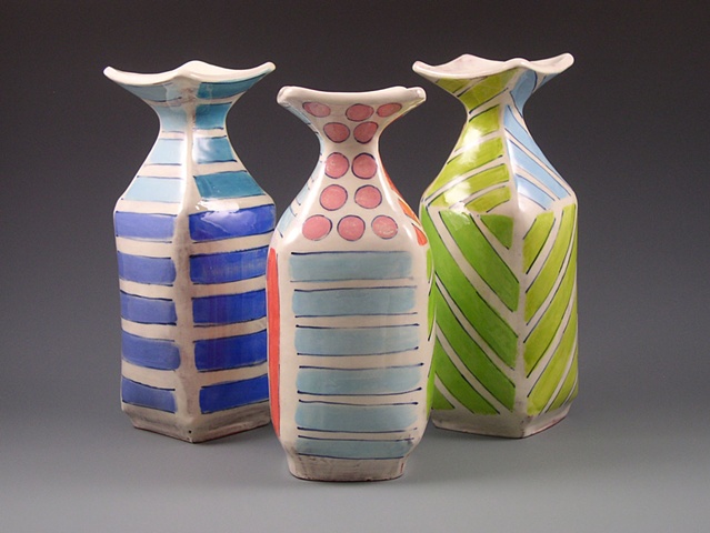square handbuilt vases with underglaze decoration