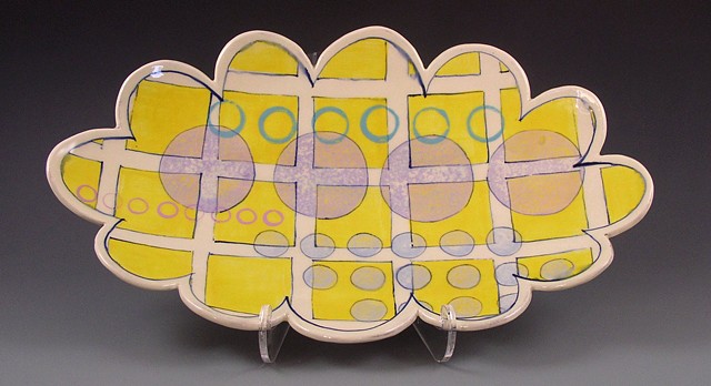 oval platter, large, handbuilt, handpainted decoration, yellow grid, lavender circles,  dots, geometric, scalloped