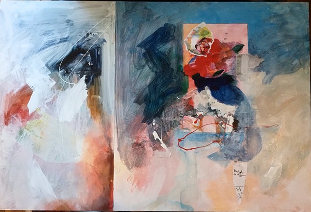 pencil line 1/3 from edge, swash of paint left, rose collage right burying Manet vase