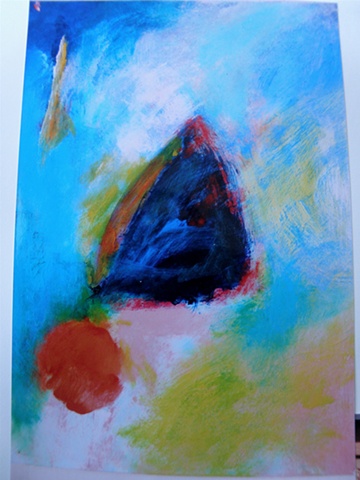orange ball lower left, blue triangle center, turquoise background upper half (Maryann)