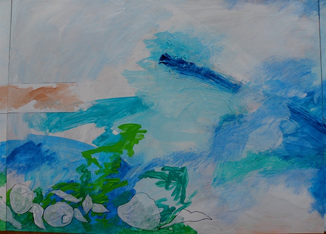 large brushstrokes of blues and greens on white with a sliver of sand