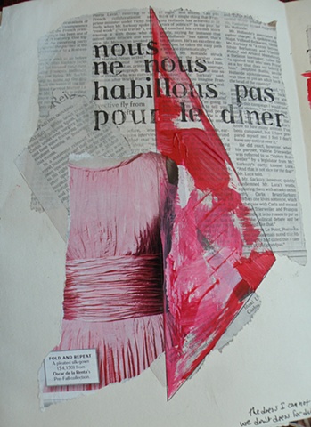 pink Oscar de la Renta dress with folds, nous nous stencil, newspaper behind
