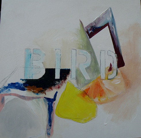stencilled "BIRD" -- orange slice-- angled windows and table