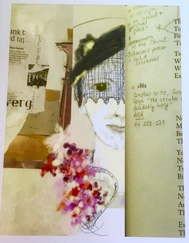 Emily with lace and flowers, bit of Pompeii book, page of poetry with annotation