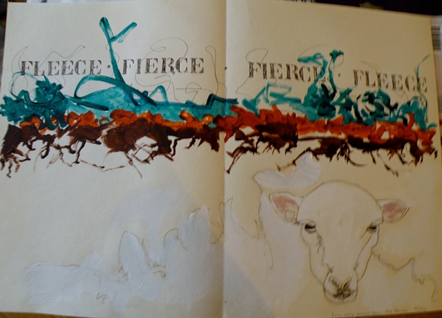 bocage across top, sheep's face lower right, stencilled FLEECE FIERCE