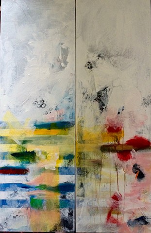 two vertical joined canvases, massive underpainting, lines across