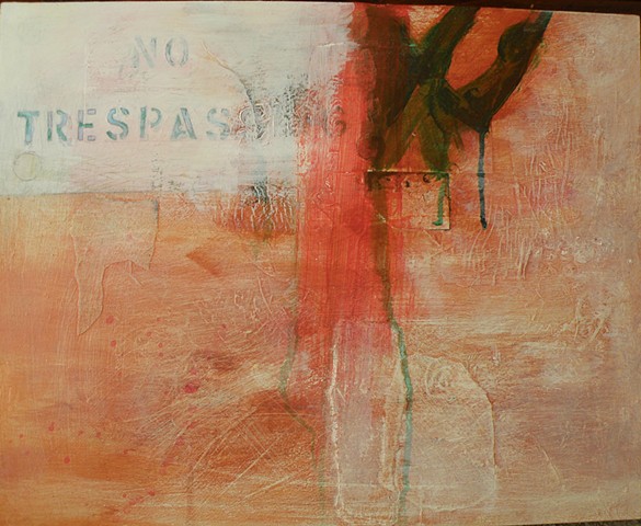 No Trespassing sign upper left, white background, green looops & drips, orange-brown rubbed paint