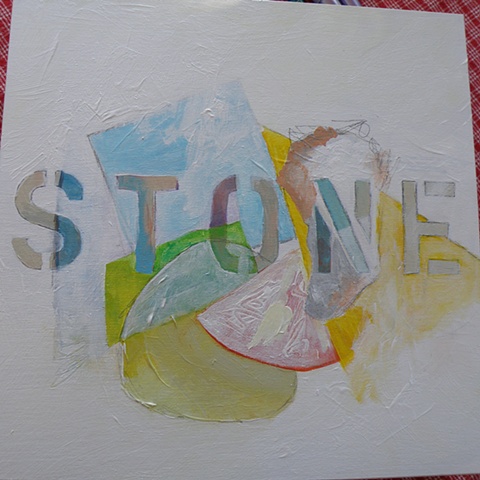stencilled "STONE" -- orange slice, oyster rock , blue square over "T" and "O"