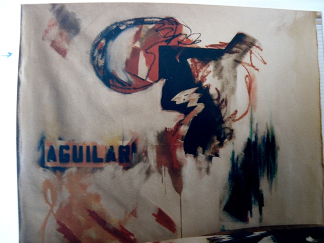 stencilled "Aguilar" and blue outlined circle, black near-square with tracings and thrown paint