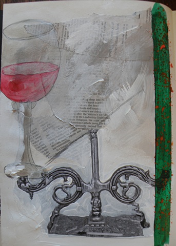 green stripe with red dots right, drawn wine glass left, candlestick collage bottom, newspaper top center