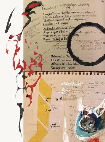 a page of her poetry, annotated, and a sketch of  her bedroom