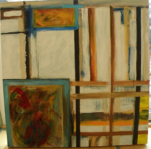 white background and strips of wood, with a small and a large painting