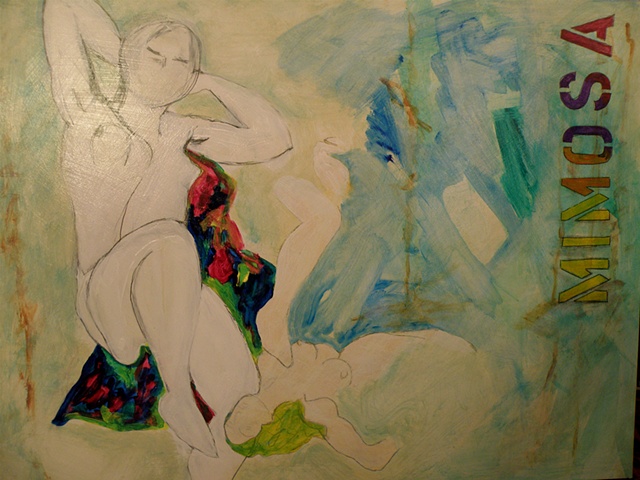 MIMOSA stencil far right, Matisse figure far left, white, principally blue background