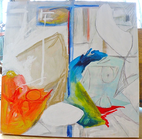blue nude torso right center, orange form lower left, artist's studio underpinning of verticals and horizontals