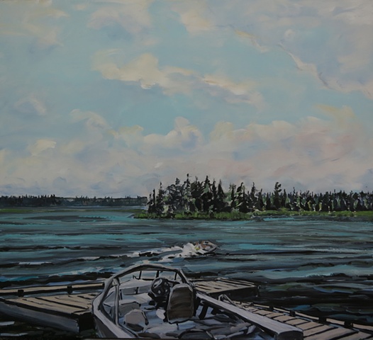 painting of a boat at the dock