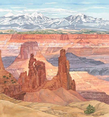 Canyonlands - Looking through Mesa Arch to Washer Woman  Arch and the La Sal Mountains