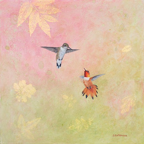 Hummingbirds, hummingbird art, sue betanzos art, bird painting, hummingbird painting, wildlife painting, sue betanzos design