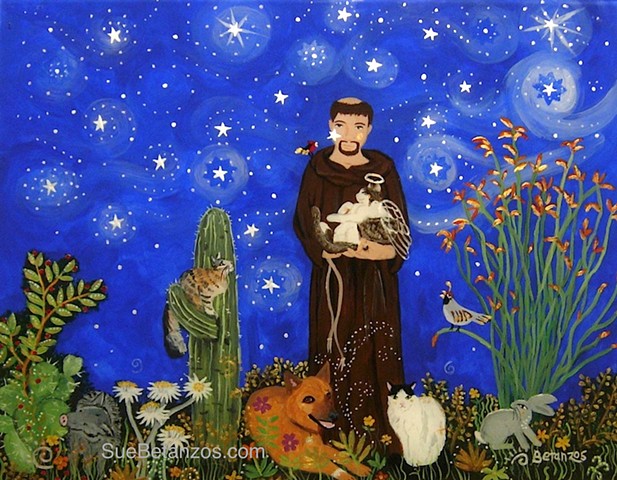 Glass painting, reverse glass painting, St. francis of Assisi Pet Portrait, Pet Portrait, dog portrait, cat portrait, starry night, catholic art, catholic saint, sue betanzos, st. francis of Assisi painting