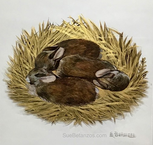 Baby animals, baby rabbits, reverse glass painting, Sue Betanzos, gold bunny painting, miniature glass painting