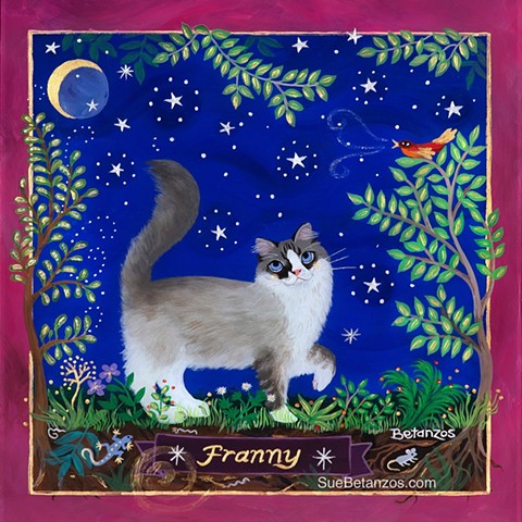 cat portrait, custom pet portrait, custom cat portrait, starry sky, whimsical pet portrait, whimsical cat portrait, Sue Betanzos, Sue Betanzos Designs