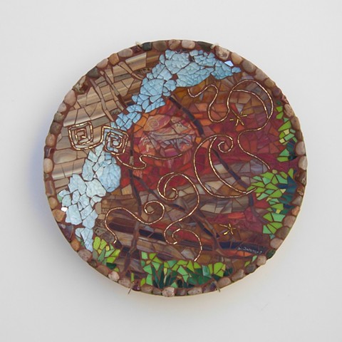 Mosaic, Mosaic plate, petroglyph mosaic, Sirius, dog star, glass mosaic plate, sue betanzos art, sue betanzos designs