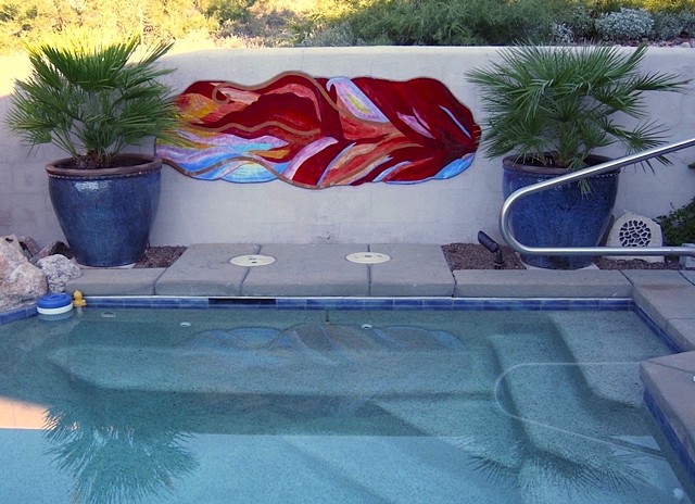 Stained glass pool mosaic, exterior stained glass wall mosaic, large pool mosaic, Sue Betanzos art