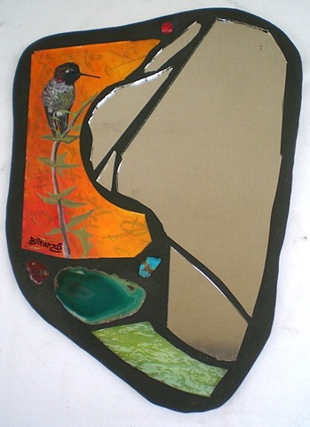 sue betanzos, mosaic, hummingbird mosaic, bird mosaic, hummingbird reverse glass painting, mirror mosaic,  glass, stones, beads