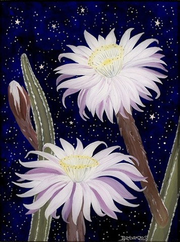 Queen of the Night flower painting, Cactus flower print, Giclee cactus print, flower wall decor, home decor, cactus flower painting, Sue Betanzos Art, Glass painting, glass art, art glass, reverse glass painting, sue betanzos, flower painting, verse eglom