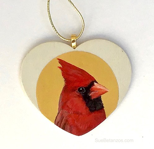 Cardinal painting, miniature bird painting, miniature Cardinal, Valentine gift, Valentine heart, Valentine bird, Sue Betanzos, Sue Betanzos Designs, miniature bird painting, bird painting