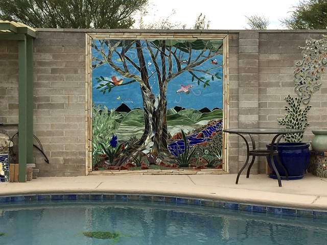 Glass mosaic mural, large mosaic, mosaic mural, Sue Betanzos, outdoor mosaic, stained glass mosaic, mosaic restoration, garden mosaic, garden decor