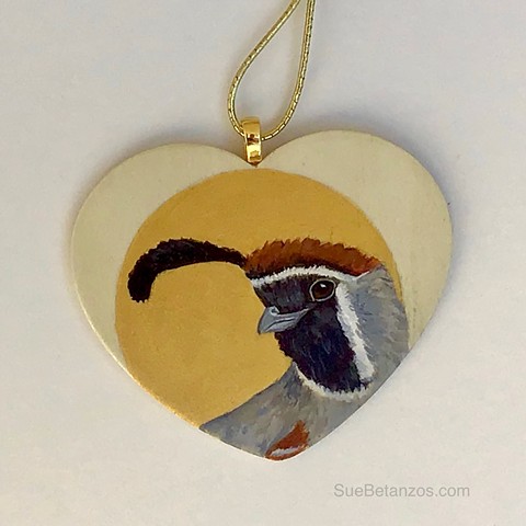 Quail painting, miniature bird painting, Mothers Day Gift, Gold miniature painting, miniature bird art, Sue Betanzos Art, Valentines Day gift, Valentines gift, Heart art, Bird art, golden quail, Sue Betanzos, hand painted bird ornament, nature art, bird o