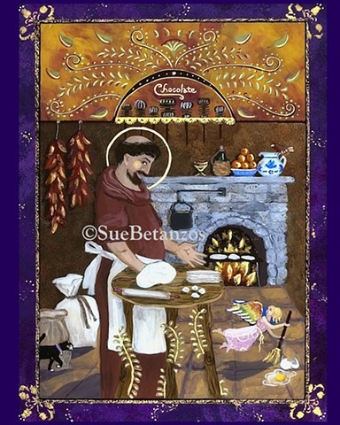 San Pascual Glass Painting, Saint Pasqual, kitchen saint, kitchen art, kitchen print, kitchen decor, santa fe art, santa fe, cooking saint, sue betanzos