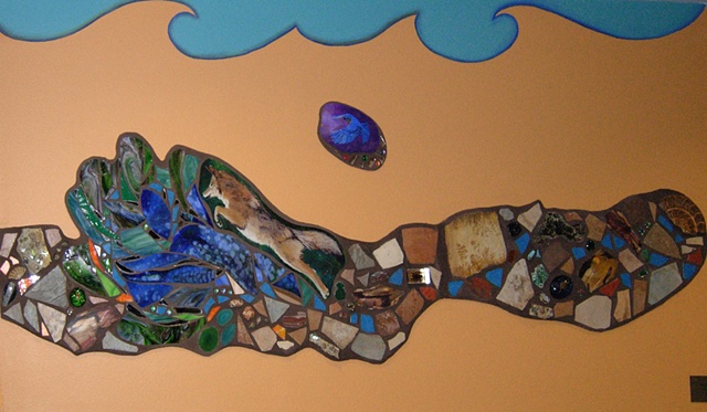 Tucson International Airport Art, coyote, mosaic, mosaic mural, ceramic, scorpion, blue bird glass painting, stained glass, agate, reverse glass painting, mural, tucson, airport, arizona