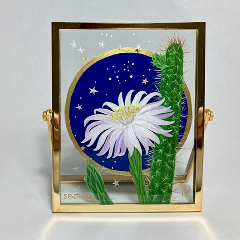 cactus flower painting, queen of the night flower, sue betanzos art, reverse glass painting, miniature flower painting