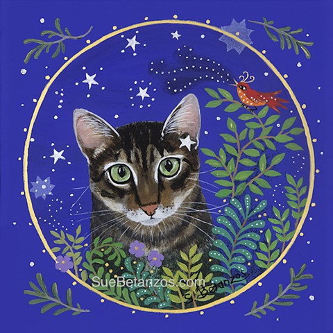 Cat portrait, pet portrait, whimsical cat portrait, whimsical pet portrait, cat pet portrait, Sue Betanzos, custom cat portrait, custom pet portrait, whimsical cat portrait, whimsical pet portrait