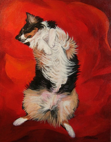 sue betanzos, aussie painting, dog painting, australian shepherd painting, pet portrait painting, contemporary dog painting, herding dog painting, red dog painting, 
