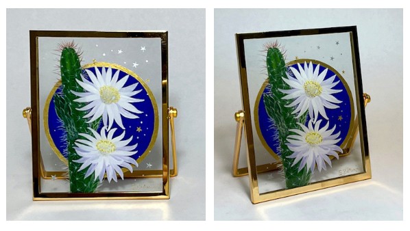 Cactus flower painting, sue betanzos art, miniature art, reverse glass painting, night blooming flower
