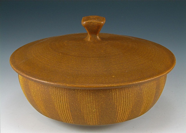 Carved Tan Matte Lidded Bowl