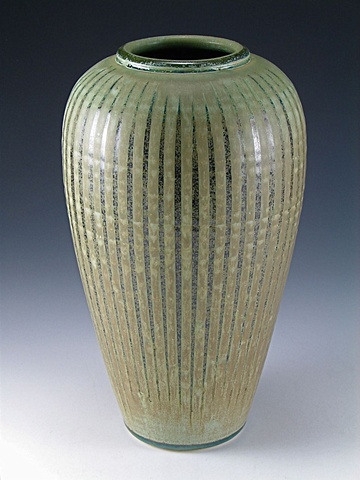 Matte Green Vase with Slip Design