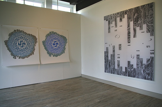 Melissa Brown, Lichen (Double) and Floorboards, installation view at AAC

Lichen, 2012, woodcut on rag paper, 50 x 55;
Lichen (shade), 2012, woodcut on rag paper, 50 x 55;
Floorboards, 2012, woodcut on banner fabric, 88 x 72